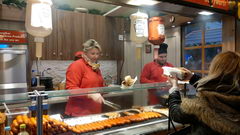 Street food in Munich in Germany, Hot dogs with Bavarian sausages